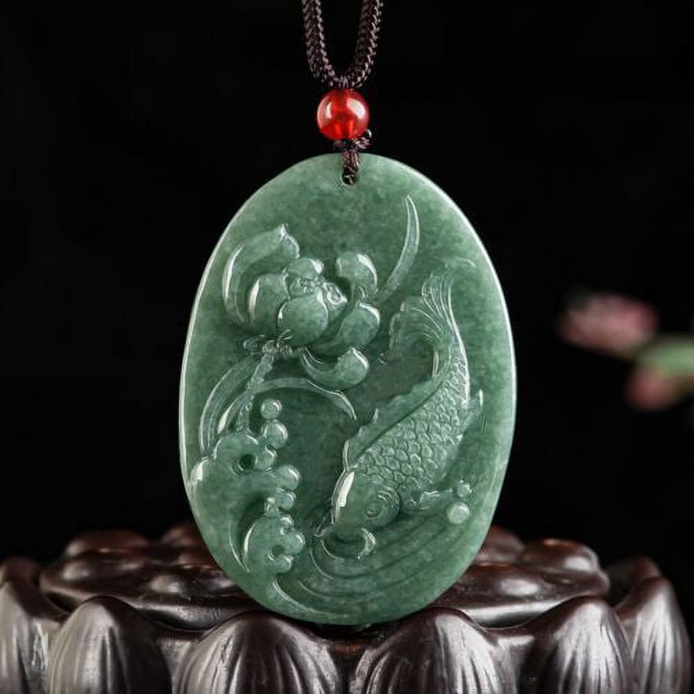 TIANTUTUTEC Natural Grade A Jade Jadeite Men Women Green Carved Lotus Fish Oval Pendant