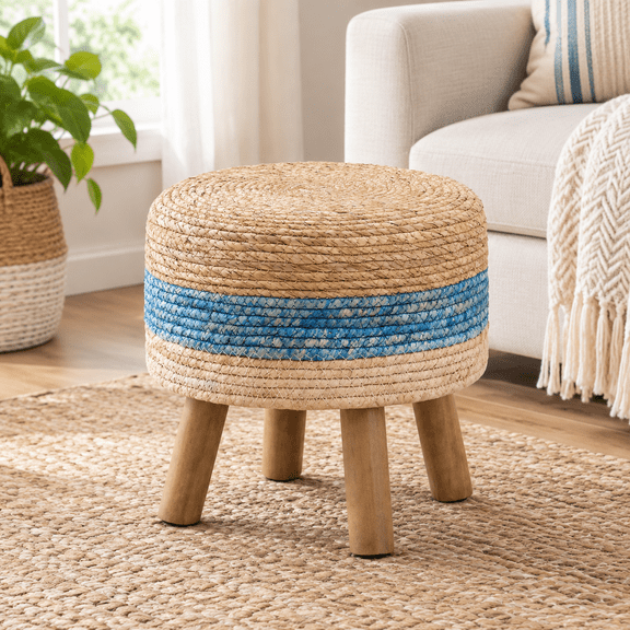 Natural Grass Weave Pouf Ottomans Round Footstool Handmade Bohomian Decor