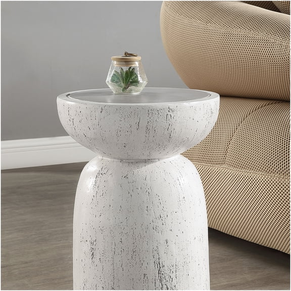 Natural Gray Fiber Concrete End Table, Round Faux Stone Accent Table for Living Room, Bedroom, Modern Industrial Side Table