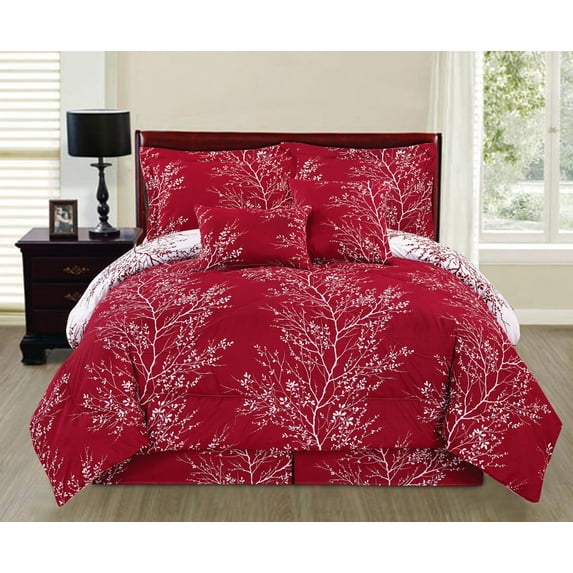 Natural Green 6 piece Branches Reversible Printed Soft Oversized King Size Comforter Set - Red