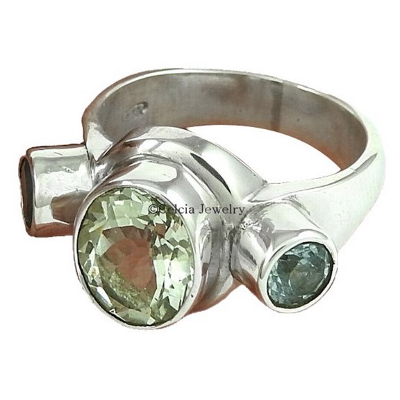 Natural Green Amethyst & Blue Topaz Multi Gemstone Handmade Jewelry For Women, Metaphysical Stackable Ring, Statement Ring, Antique Ring, Unique Mothers Day Gifts (green-amethyst, Size 7)