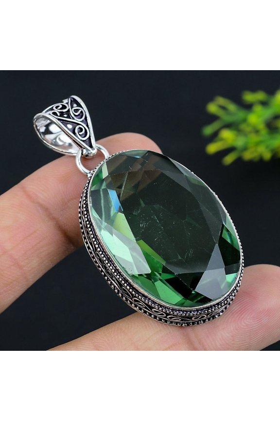 Natural Green Amethyst Gemstone 925 Sterling Silver Gift Pendant 2.21"
