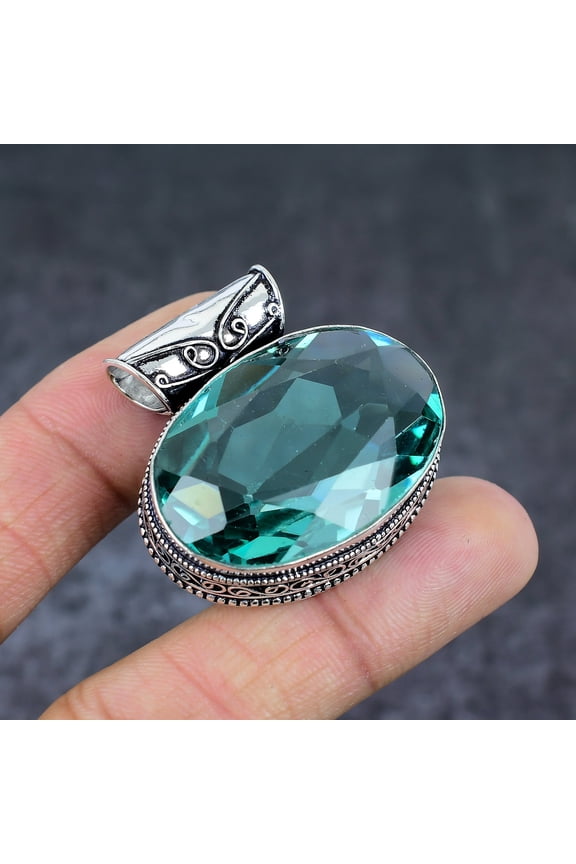 Natural Green Amethyst Gemstone 925 Sterling Silver Jewelry Pendant 1.54"