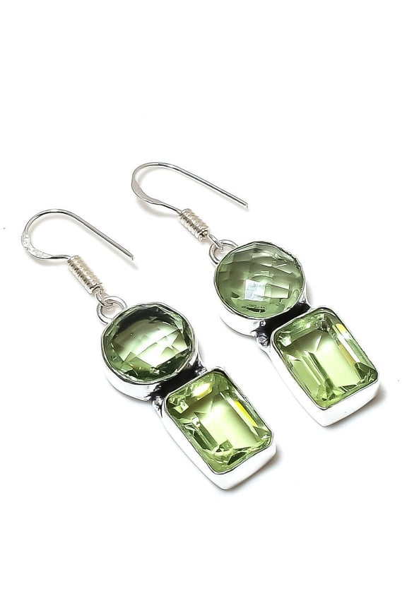 Natural Green Amethyst Gemstone Handmade 925 Sterling Silver Earring 1.97"