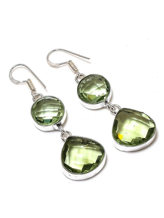 Natural Green Amethyst Gemstone Handmade 925 Sterling Silver Earring 2.21"
