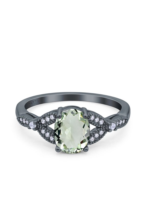 Natural Green Amethyst Prasiolite Black Tone Silver Size-9 Art Deco Oval Vintage Style Split Shank Leaf Design Beaded CZ Wedding Engagement Ring 925 Sterling Silver Gifts For Her