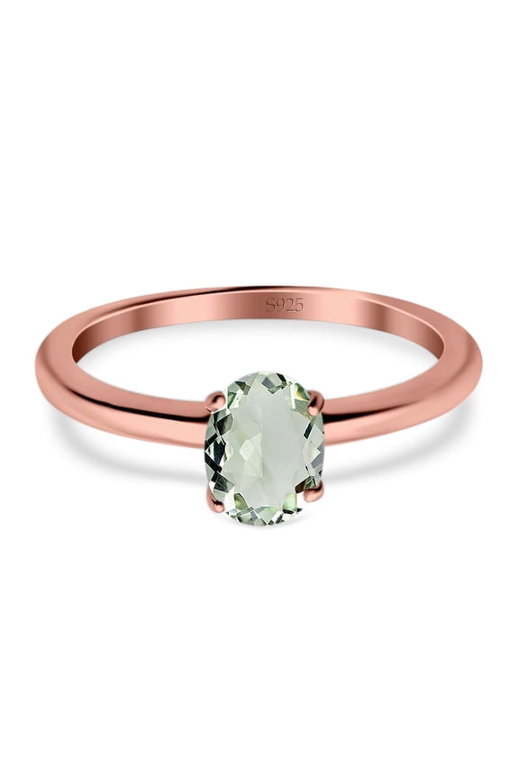 Natural Green Amethyst Prasiolite Rose Tone Silver Size-6 Minimalist Oval Cathedral Solitaire Ring Wedding Engagement Rings For Women 925 Sterling Silver Gifts For Her