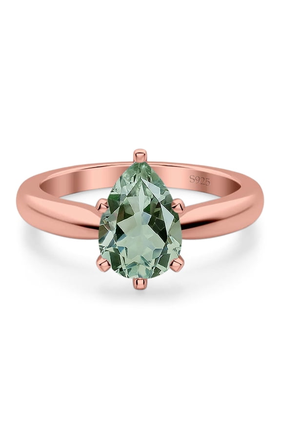 Natural Green Amethyst Prasiolite Rose Tone Silver Size-6 Minimalist Pear Teardrop Solitaire Cathedral Ring Vintage Style Wedding Engagement Ring 925 Sterling Silver Gifts For Her