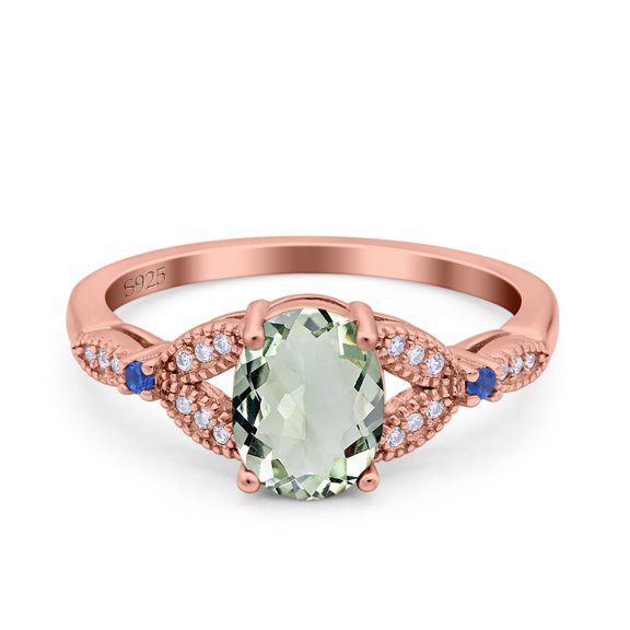 Natural Green Amethyst Prasiolite Rose Tone Silver Size-7 Art Deco Oval Vintage Style Split Shank Leaf Design Beaded Blue Sapphire CZ Wedding Engagement Ring 925 Sterling Silver