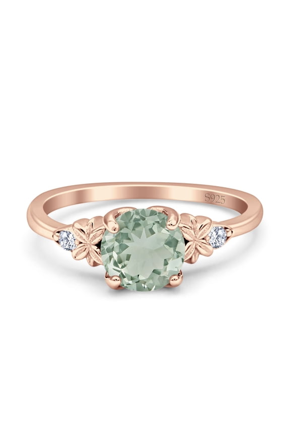 Natural Green Amethyst Prasiolite Rose Tone Silver Size-7 Art Deco Round Flower Ring Leaf Vintage Style Floral Statement Wedding Engagement Ring 925 Sterling Silver Gifts For Her