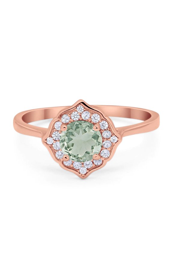 Natural Green Amethyst Prasiolite Rose Tone Silver Size-7 Art Deco Round Flower Ring Vintage Style Halo CZ Wedding Engagement Floral Ring 925 Sterling Silver Gifts For Her