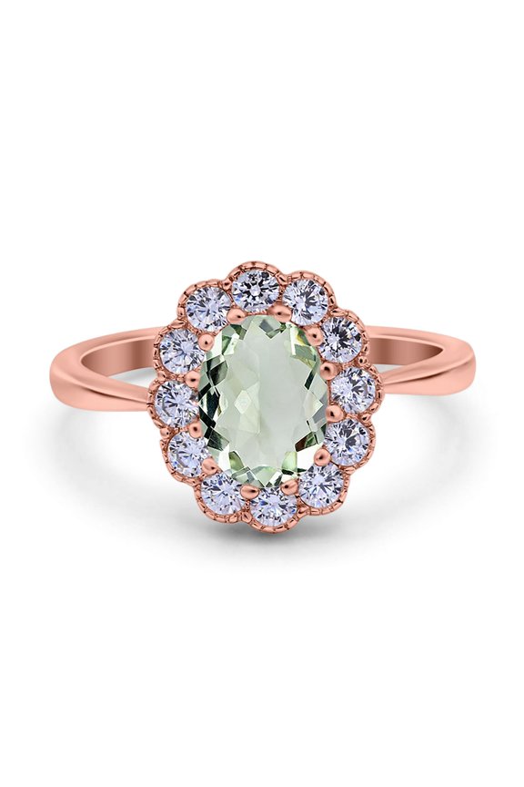 Natural Green Amethyst Prasiolite Rose Tone Silver Size-8 Art Deco Oval Flower Ring Vintage Style Halo CZ Wedding Engagement Floral Ring 925 Sterling Silver Gifts For Her