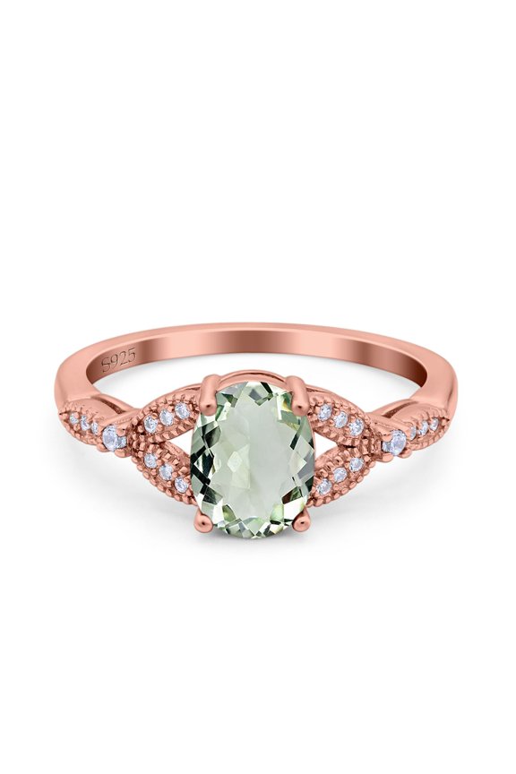Natural Green Amethyst Prasiolite Rose Tone Silver Size-8 Art Deco Oval Vintage Style Split Shank Leaf Design Beaded CZ Wedding Engagement Ring 925 Sterling Silver Gifts For Her