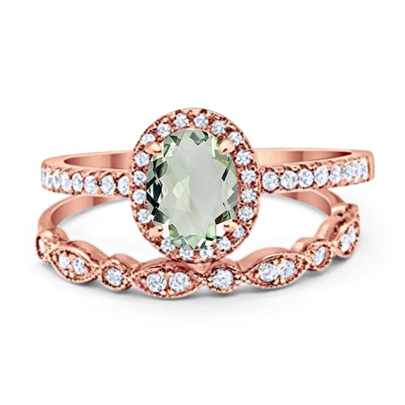 Natural Green Amethyst Prasiolite Rose Tone Silver Size-8 Two Piece Oval Half Eternity Band Vintage Style Halo CZ Wedding Set Engagement Ring 925 Sterling Silver Gifts For Her
