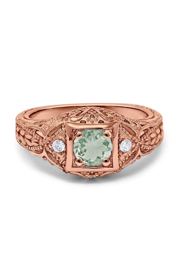 Natural Green Amethyst Prasiolite Rose Tone Silver Size-9 Art Deco Round Vintage Style Leaf Filigree Design Wedding Engagement Rings For Women 925 Sterling Silver Gifts For Her