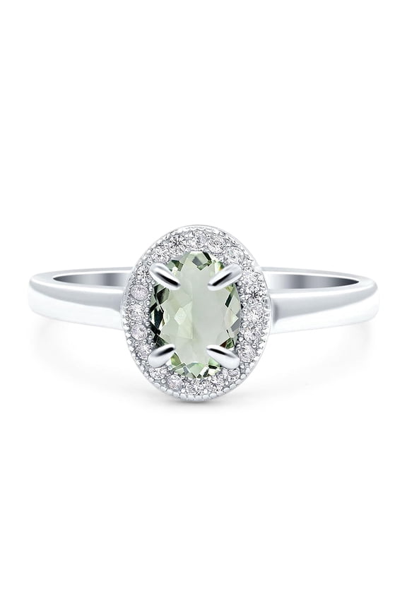 Natural Green Amethyst Prasiolite Size-10 Art Deco Ring Oval Vintage Rings Beaded Design Halo CZ Wedding Engagement Ring For Women 925 Sterling Silver Gifts For Her