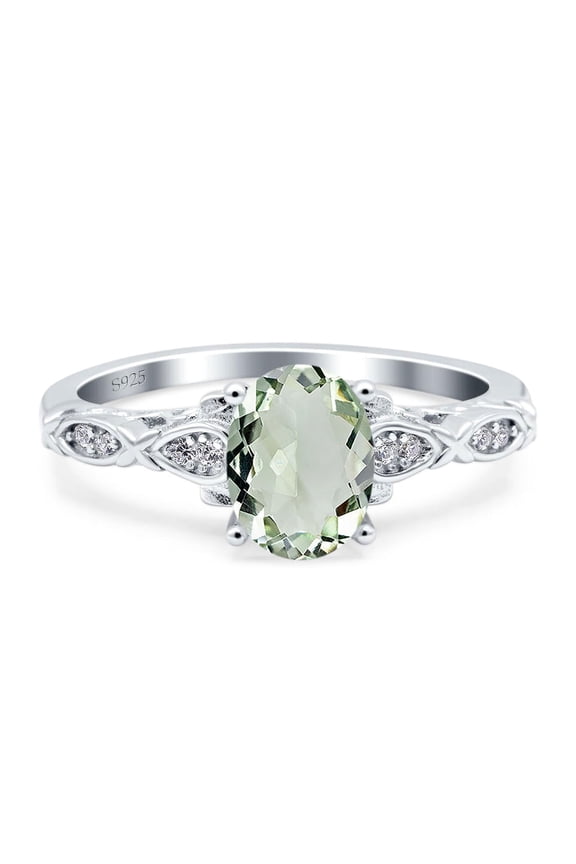 Natural Green Amethyst Prasiolite Size-5 Art Deco Oval Vintage Rings Leaf Filigree Design CZ Wedding Engagement Ring For Women 925 Sterling Silver Gifts For Her