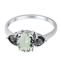 Natural Green Amethyst Prasiolite Size-5 Art Deco Three Stone Oval Trellis Ring Two Heart Rainbow CZ Wedding Engagement Ring 925 Sterling Silver
