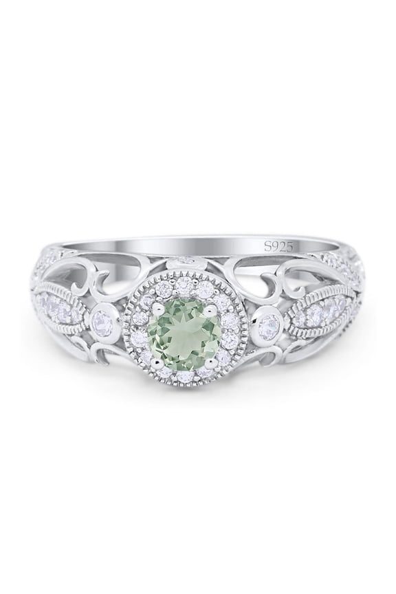 Natural Green Amethyst Prasiolite Size-9 Art Deco Ring Round Filigree Vintage Style Halo CZ Wedding Engagement Rings For Women 925 Sterling Silver