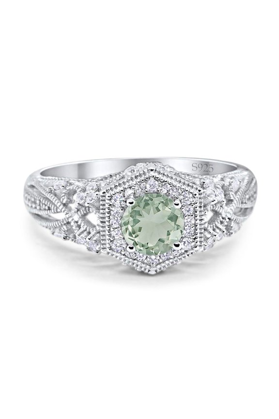 Natural Green Amethyst Prasiolite Size-9 Art Deco Round Beaded Filigree Vintage Rings Hexagonal Halo CZ Wedding Engagement Ring 925 Sterling Silver Gifts For Her