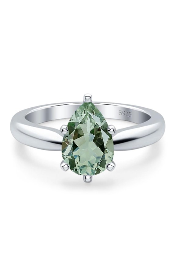 Natural Green Amethyst Prasiolite Size-9 Minimalist Pear Teardrop Solitaire Cathedral Ring Vintage Style Wedding Engagement Ring 925 Sterling Silver Gifts For Her