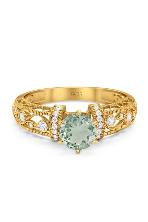 Natural Green Amethyst Prasiolite Yellow Tone Silver Size-10 Art Deco Round Filigree Vintage Style Floral CZ Wedding Engagement Rings For Women 925 Sterling Silver Gifts For Her