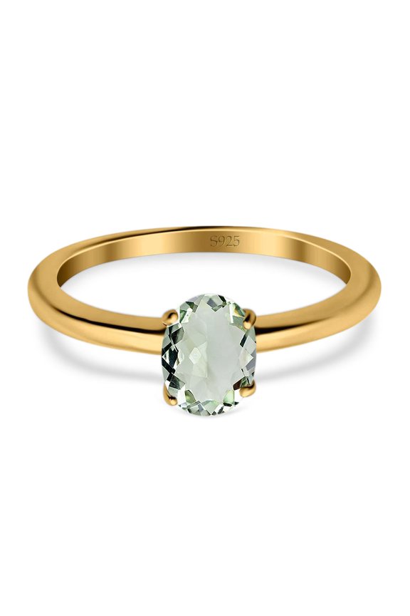 Natural Green Amethyst Prasiolite Yellow Tone Silver Size-10 Minimalist Oval Cathedral Solitaire Ring Wedding Engagement Rings For Women 925 Sterling Silver Gifts For Her