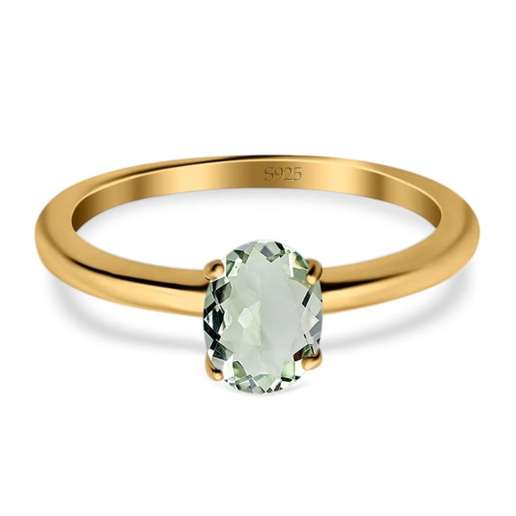 Natural Green Amethyst Prasiolite Yellow Tone Silver Size-5 Minimalist Oval Cathedral Solitaire Ring Wedding Engagement Rings For Women 925 Sterling Silver Gifts For Her