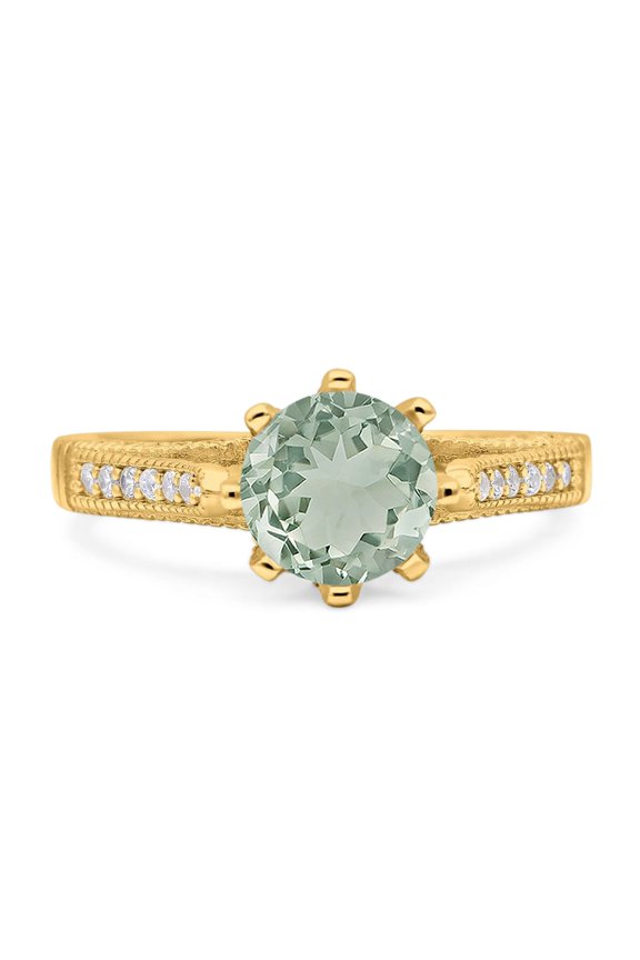 Natural Green Amethyst Prasiolite Yellow Tone Silver Size-6 Art Deco Round Cathedral Ring Classic Vintage Style CZ Wedding Engagement Ring For Women 925 Sterling Silver Gifts For Her