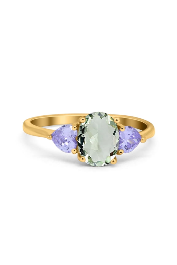 Natural Green Amethyst Prasiolite Yellow Tone Silver Size-7 Art Deco Three Stone Oval Trio Ring Two Heart Lavender CZ Wedding Engagement Ring 925 Sterling Silver Gifts For Her