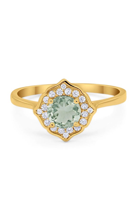 Natural Green Amethyst Prasiolite Yellow Tone Silver Size-9 Art Deco Round Flower Ring Vintage Style Halo CZ Wedding Engagement Floral Ring 925 Sterling Silver Gifts For Her