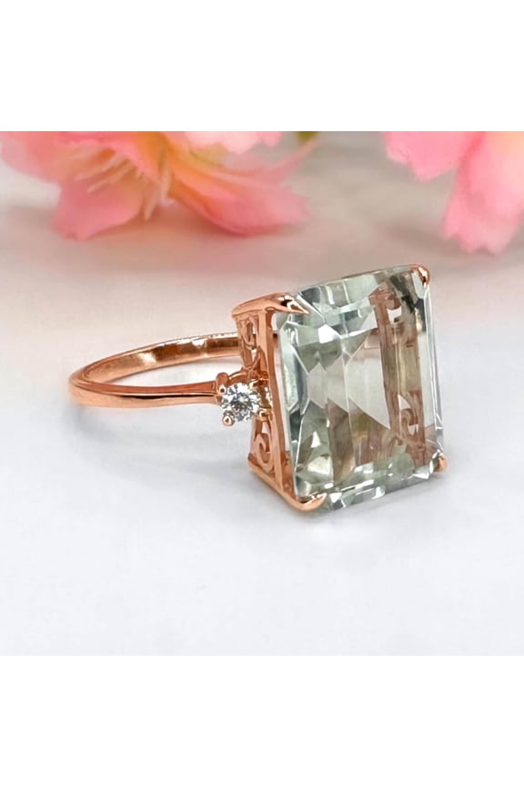 Natural Green Amethyst Ring Emerald Cut Prestolite Ring 14K Gold February Birthstone Jewelry for Women