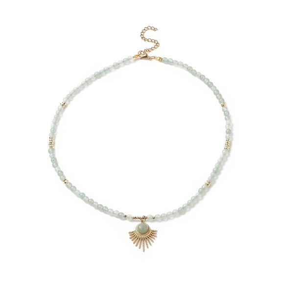 Natural Green Aventurine Beaded Necklaces 304 Stainless Steel Fan Pendant Necklaces with Lobster Claw Clasp & Chain Extender for Women 16-3/4 inch(42.5cm)