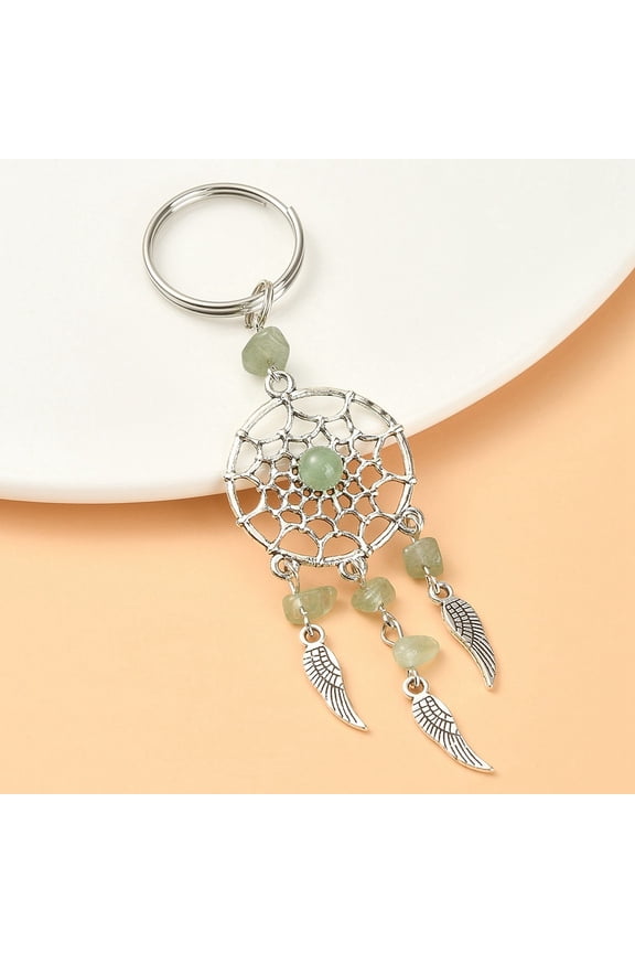 Natural Green Aventurine Chip Keychain with Tibetan Style Pendants and 316 Surgical Stainless Steel Key Ring Web with Feather 107mm Pendant 82x28x7mm