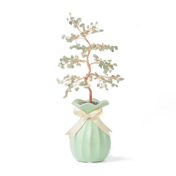 Natural Green Aventurine Chips with Brass Wrapped Wire Money Tree on Ceramic Vase Display Decorations for Home Office Decor Good Luck 150x81x280mm
