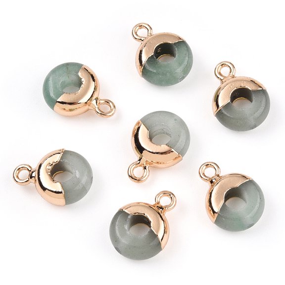 Natural Green Aventurine Flat Round/Donut Charms with Rack Plating Golden Tone Brass Loops 14x10mm