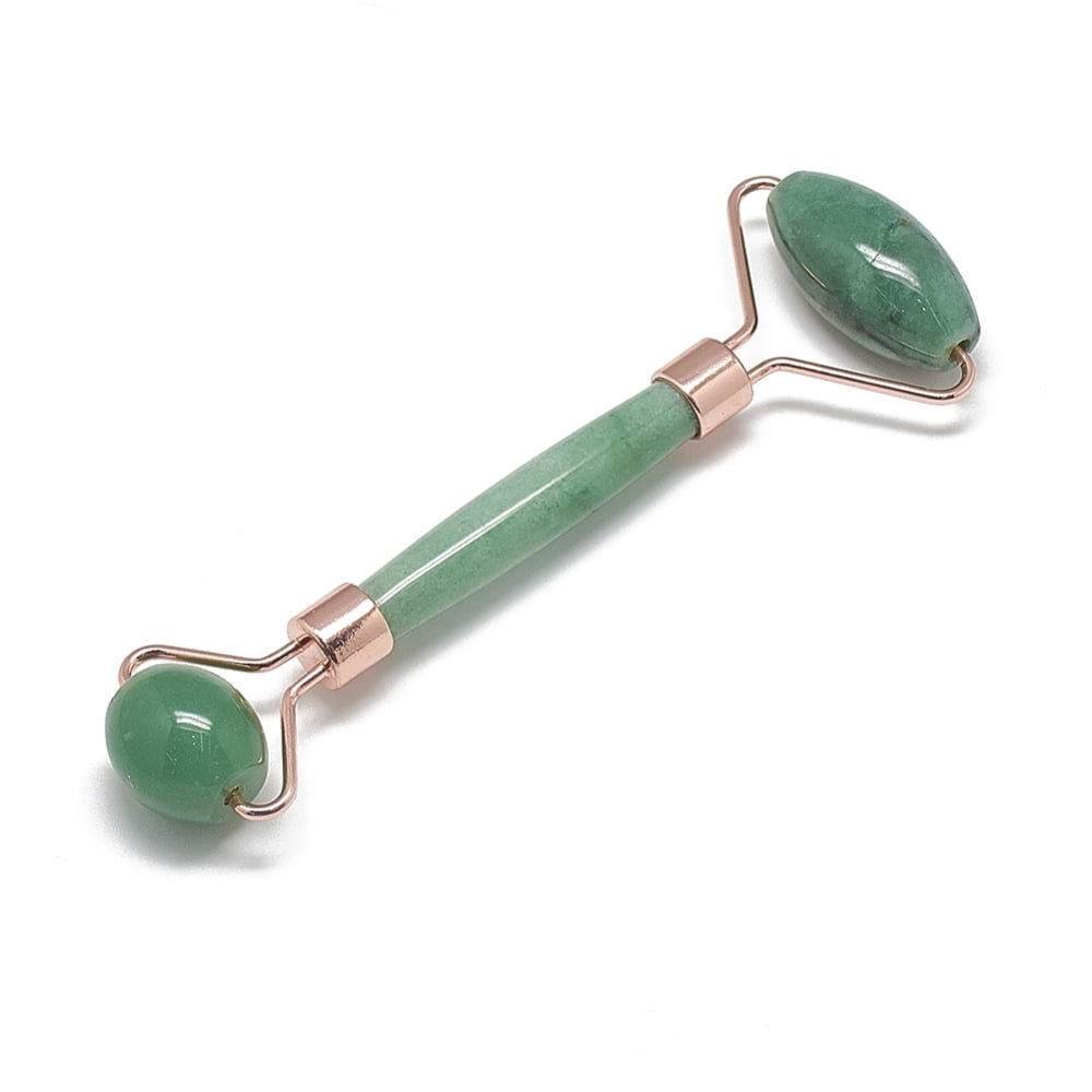 Natural Green Aventurine Massage Tools Facial Rollers with Brass Findings Rose Gold 13.5~15.3x4~6x2~2.05cm