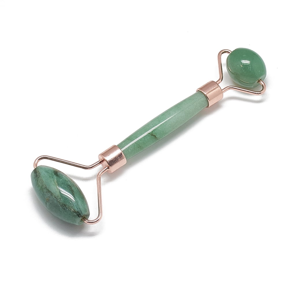 Natural Green Aventurine Massage Tools Facial Rollers with Brass Findings Rose golden 13.5~15.3x4~6x2~2.05cm