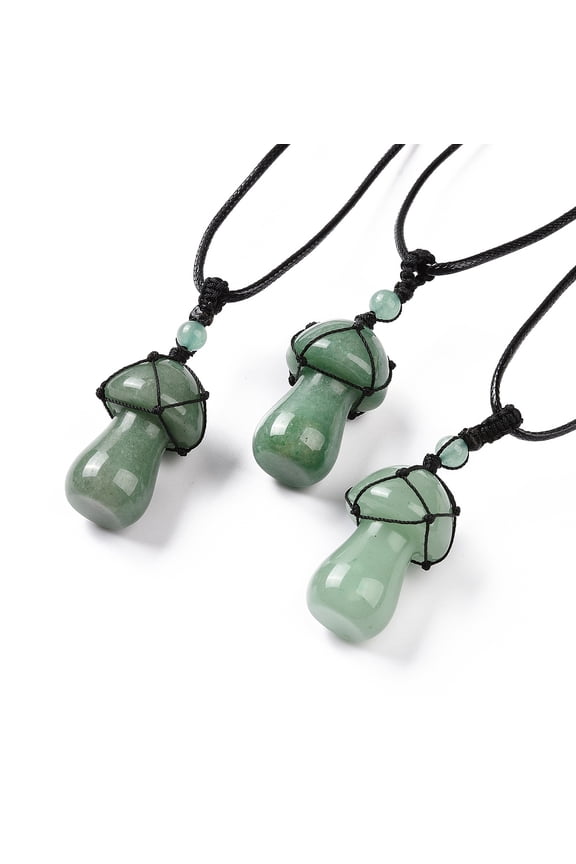 Natural Green Aventurine Mushroom Pendant Necklace Wax Rope Macrame Pouch Necklace for Women 29.92 inch(76cm)