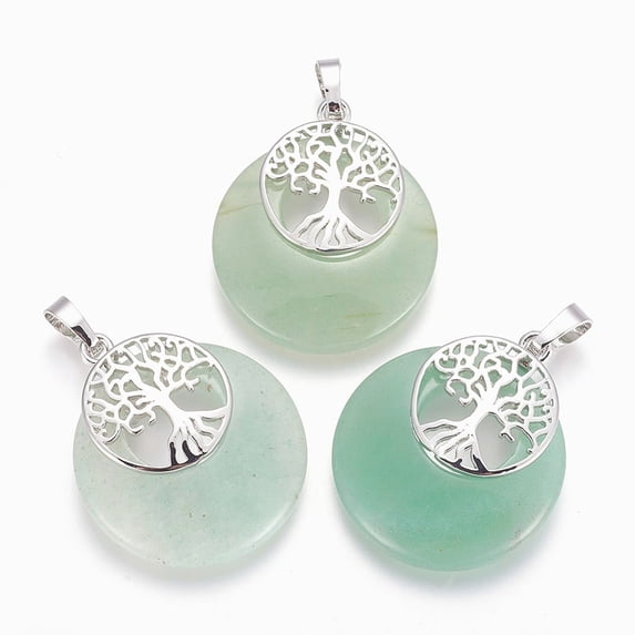 Natural Green Aventurine Pendants with Platinum Tone Brass Findings Flat Round with Tree of Life 32.5~33x27.5~28x5~6mm Hole: 5x7mm