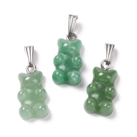 Natural Green Aventurine Pendants with Stainless Steel Color Tone 201 Stainless Steel Findings Bear 27.5mm Hole: 2.5x7.5mm Bear: 21x11x6.5mm