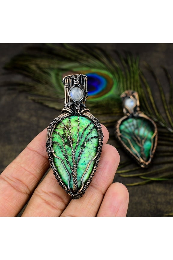 Natural Green Dendritic, Moonstone Gemstone Copper Wire Wrap Pendant 2.96"