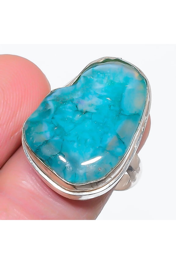 Natural Green Druzy Slice 925 Sterling Silver Jewelry Ring Size 7.5