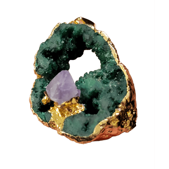Natural Green Geode & Amethyst Gold Necklace NGGAGN