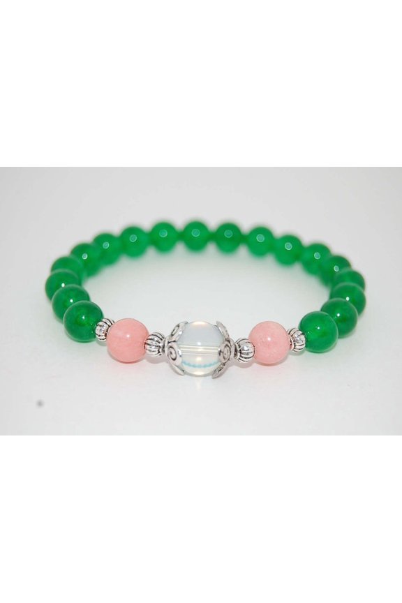 Natural Green Jade, Cherry Quartz & Opalite 8mm Round Shape Smooth Cut Beads Stretchable Bracelet for Men & Women.