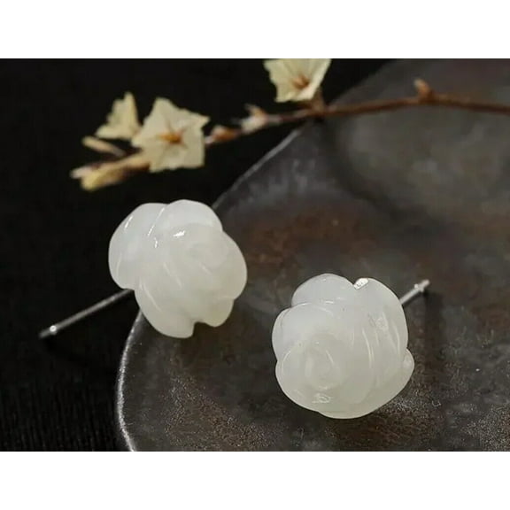 Natural Green Jade Rose Earrings Luxury Stud Earrings Gemstone Gifts Talisman