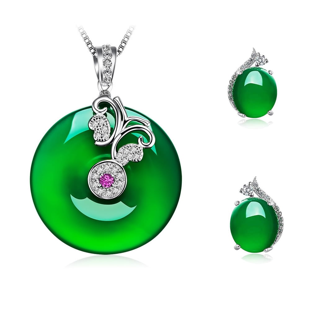 Natural Green Jadeite Lucky Pendant 925 sterling silver Necklace and Earrings with LED Light