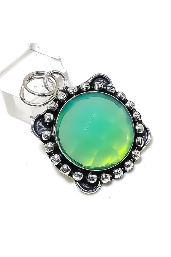 Natural Green Kunzite Gemstone Handmade 925 Sterling Silver Pendant 1.77"