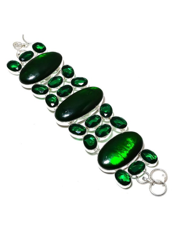 Natural Green Labradorite,Diopside Stone 925 Sterling Silver Bracelet 7-8"