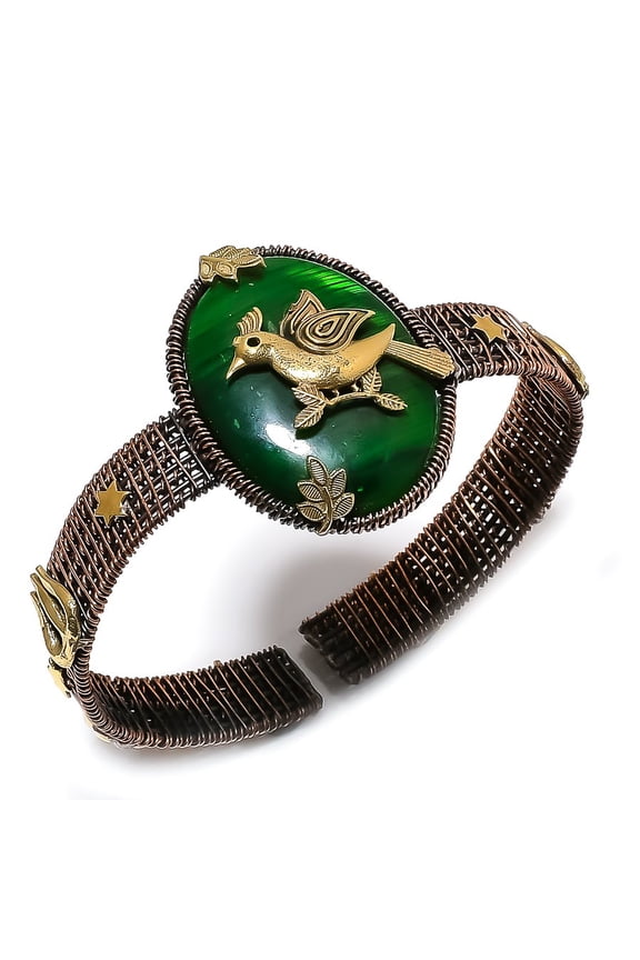 Natural Green Labradorite Gemstone Copper Wire Wrap Cuff Bangle Adjustable